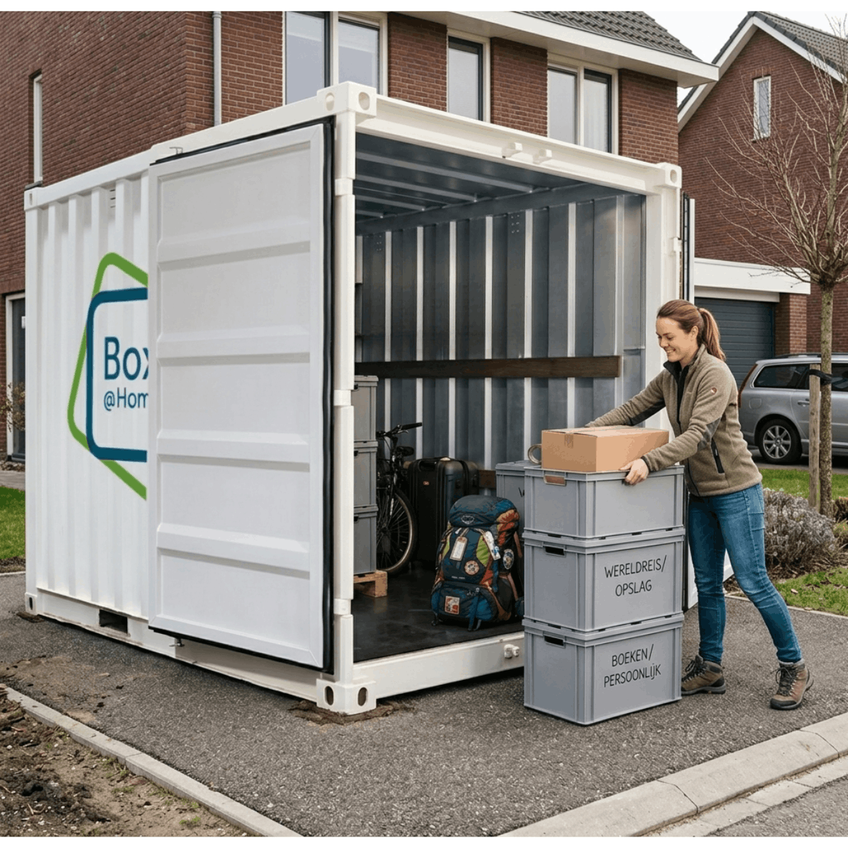 Vrouw laadt een BoxAtHome container in op een oprit ter voorbereiding van een wereldreis