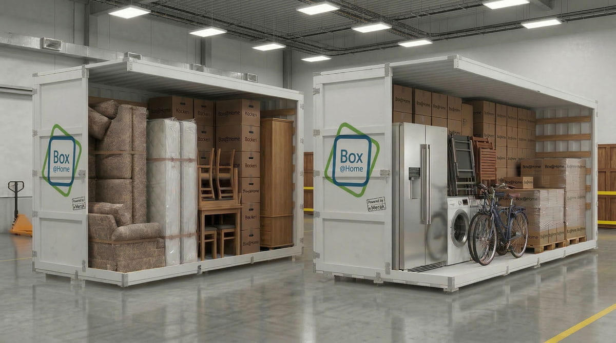 Vue latérale d'un conteneur de stockage Box@Home blanc de taille 2XL et d'un conteneur Box@Home plus long de taille 3XL dans un entrepôt, tous deux remplis de meubles et de cartons de déménagement.