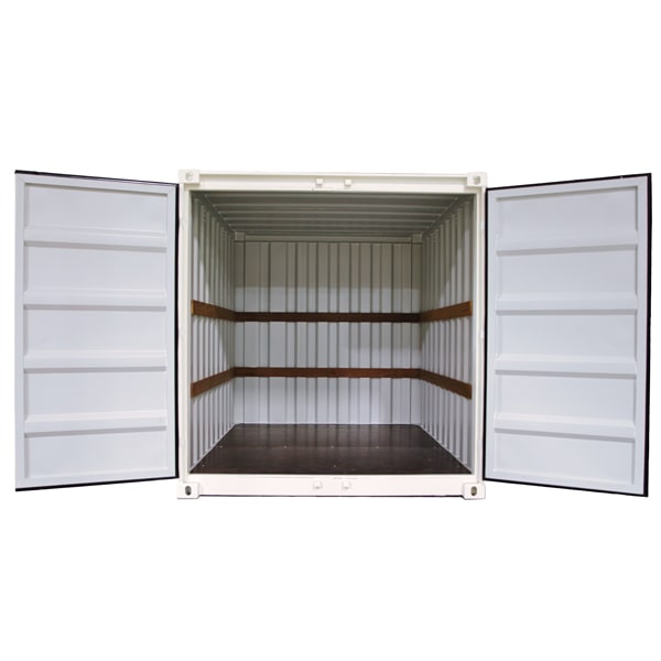 Vooraanzicht van een XL Box  van Box@Home met open deuren en binnenin houten bevestigingspanelen
