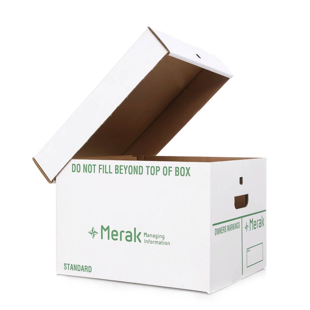 A cardboard archive box with cut-out handles and lid