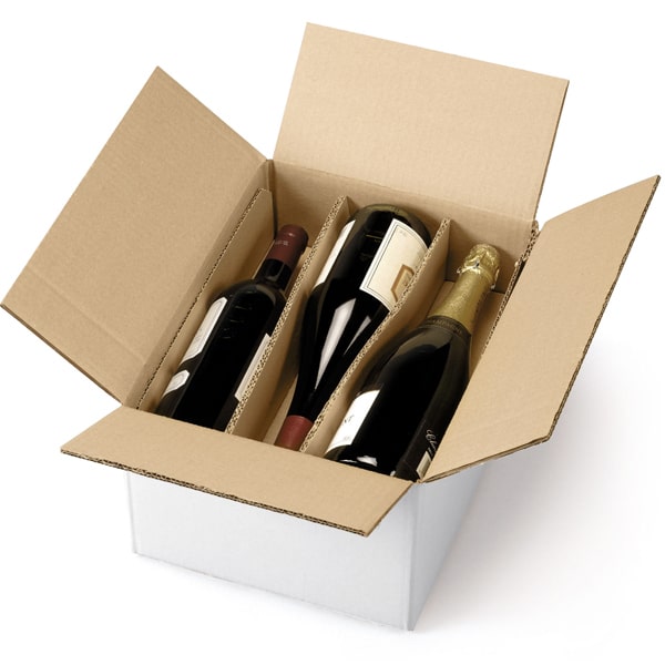 A cardboard box for storing 6 wine bottles lying down