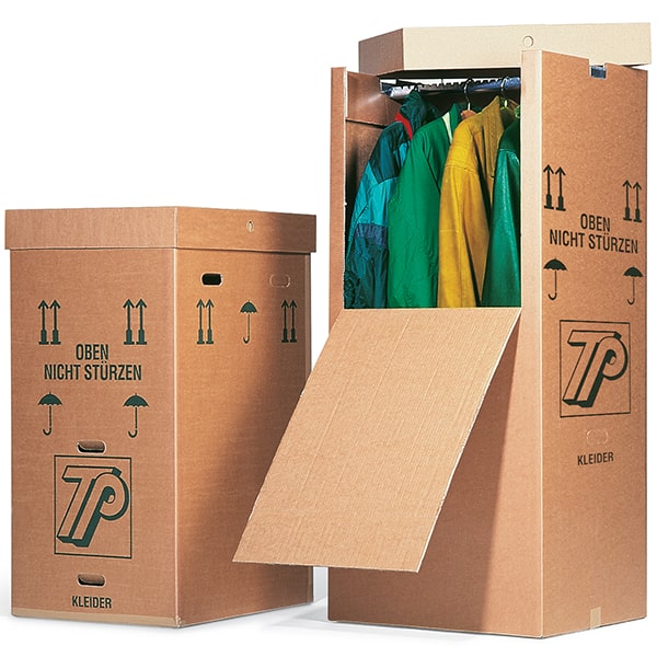 A cardboard box with a rod for hanging clothes