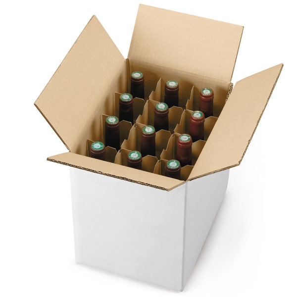 A cardboard box with 12 compartments for storing wine bottles upright