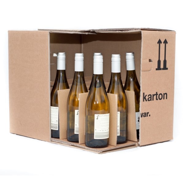 A cardboard box with 20 compartments for storing wine bottles upright