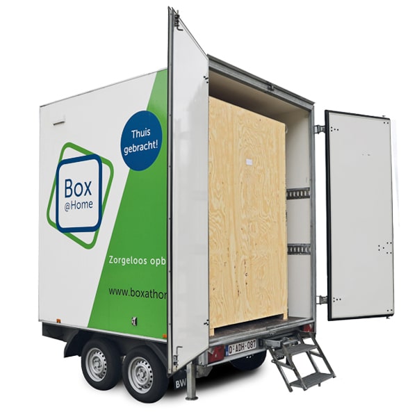 A Medium Box from Box@Home on a trailer with open doors and closed wooden inner box